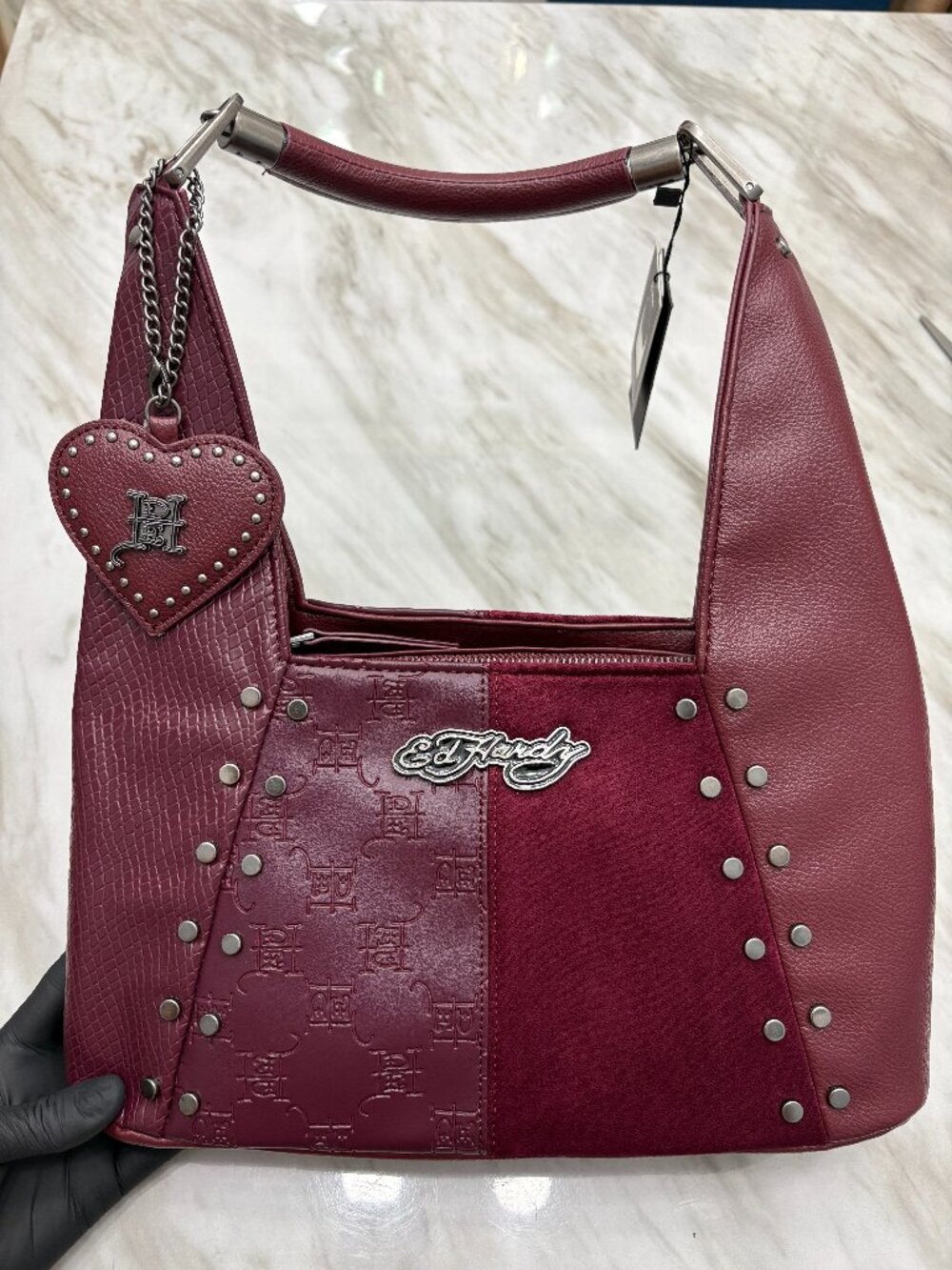 Viral Ed Hardy Burgundy Suede Leather Hobo Heart Charm NWT